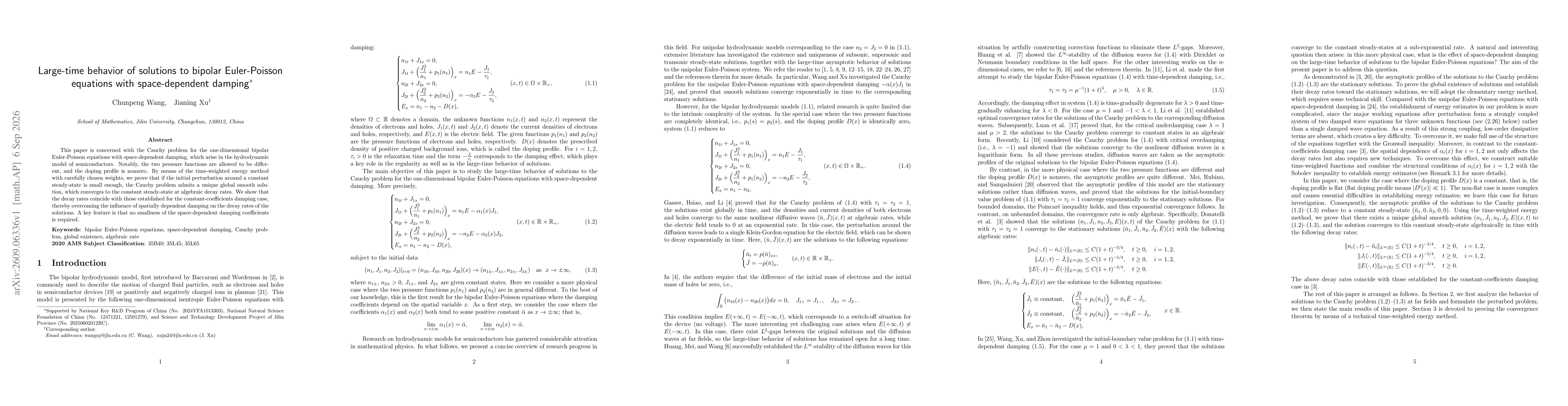 Thumbnail for Large-time behavior of solutions to bipolar Euler-Poisson equations with space-dependent damping