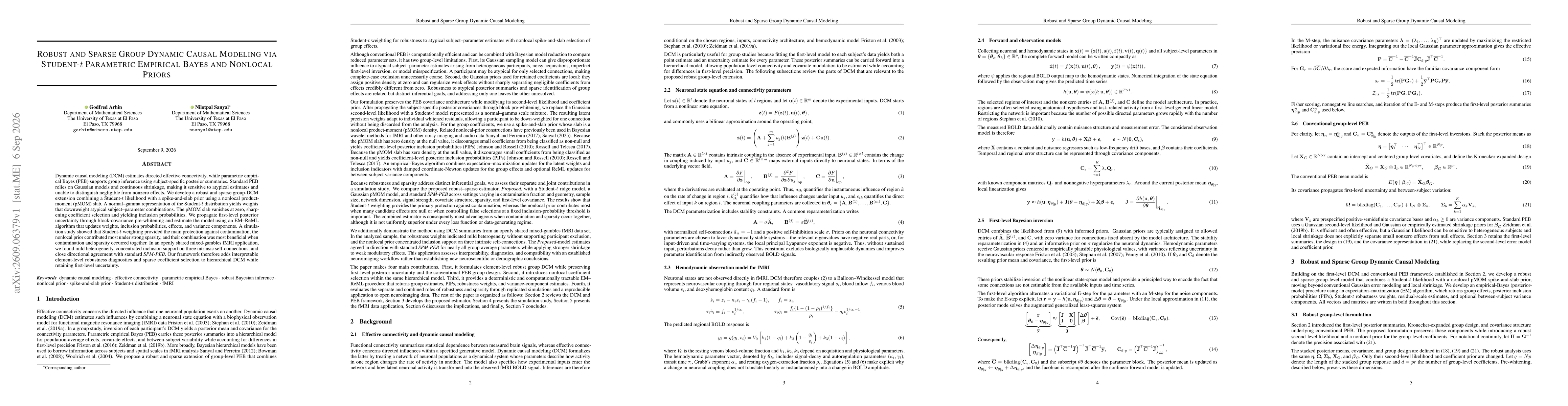 Thumbnail for Robust and Sparse Group Dynamic Causal Modeling via Student-t Parametric Empirical Bayes and Nonlocal Priors