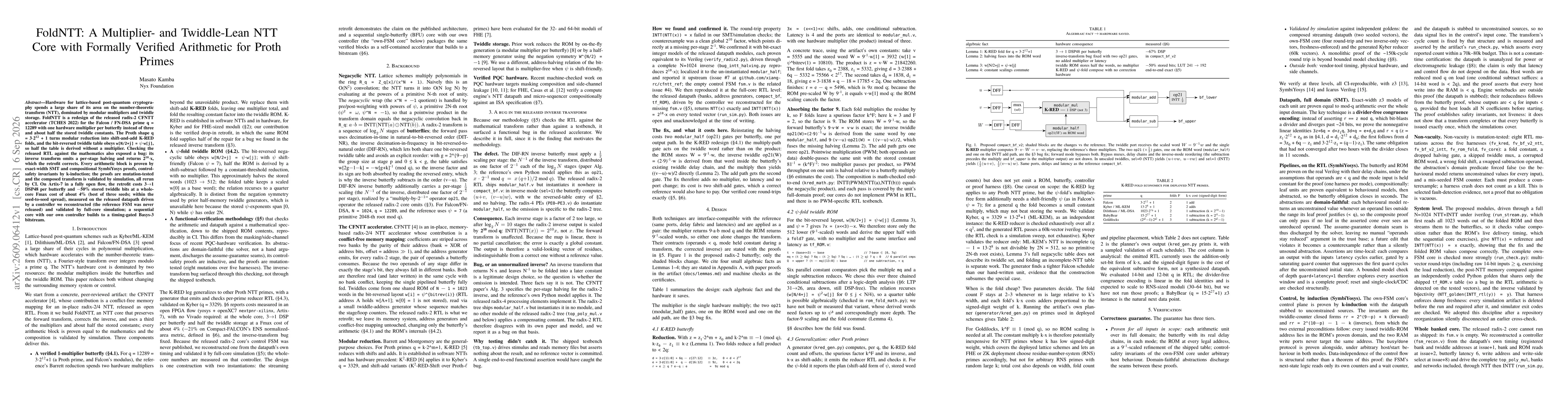 Thumbnail for FoldNTT: A Multiplier- and Twiddle-Lean NTT Core with Formally Verified Arithmetic for Proth Primes