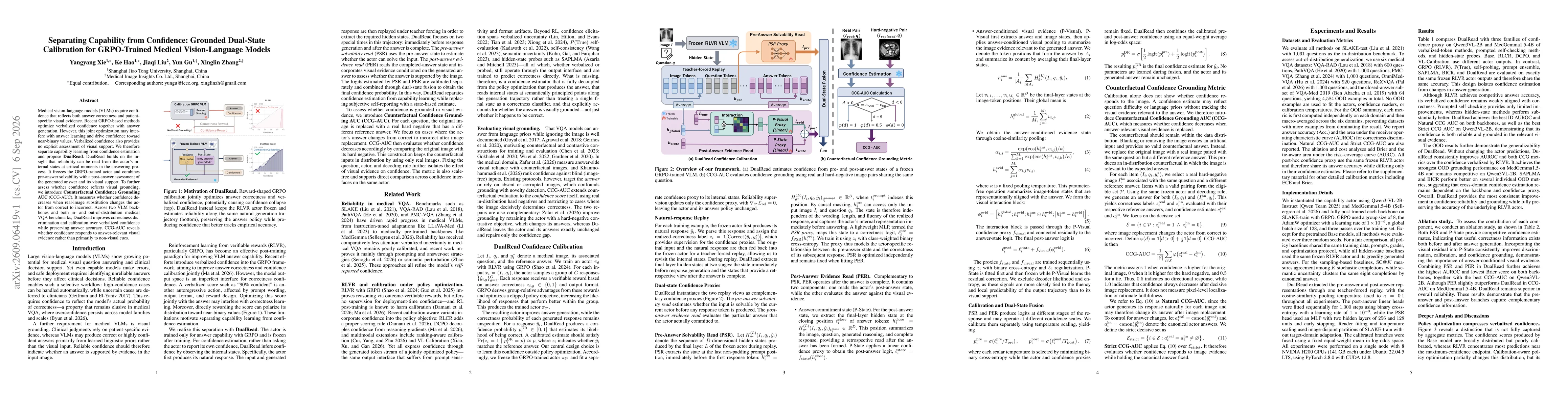 Thumbnail for Separating Capability from Confidence: Grounded Dual-State Calibration for GRPO-Trained Medical Vision-Language Models