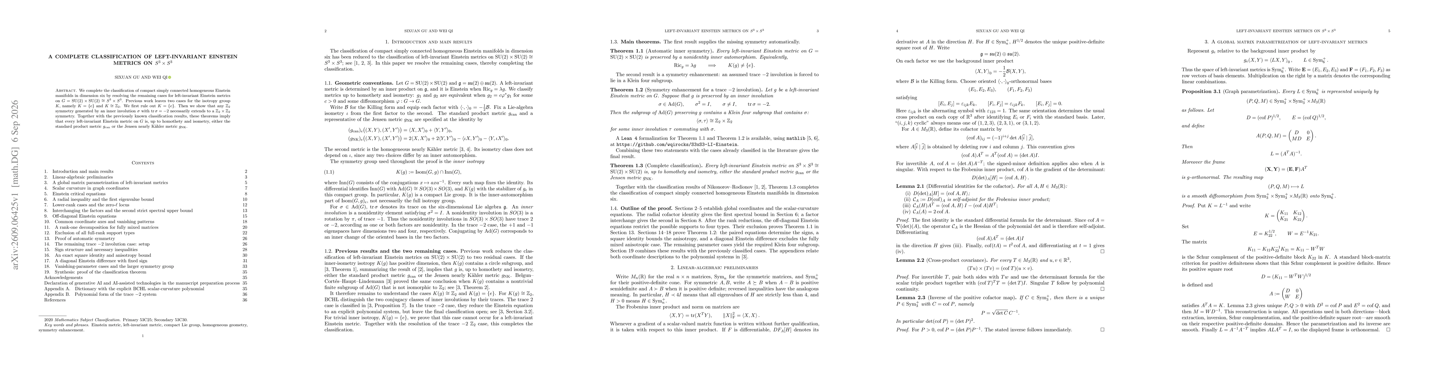 Thumbnail for A complete classification of left-invariant Einstein metrics on $S^3\times S^3$
