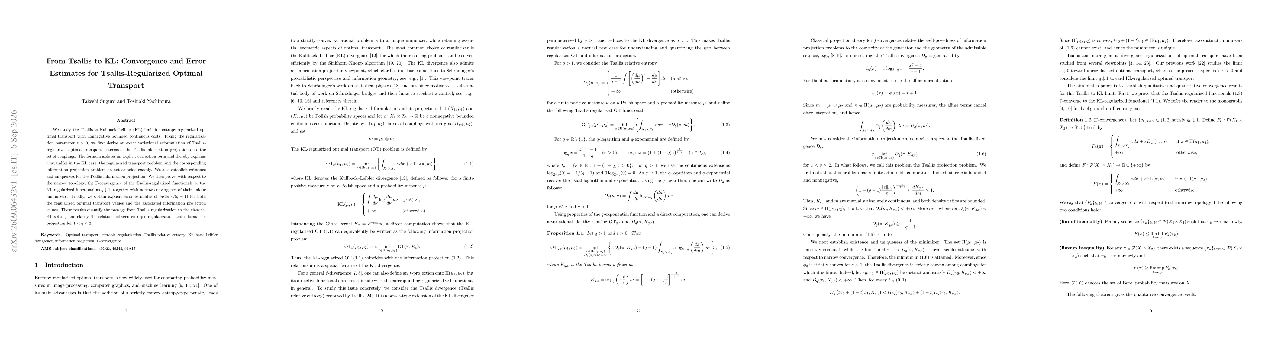 Thumbnail for From Tsallis to KL: Convergence and Error Estimates for Tsallis-Regularized Optimal Transport