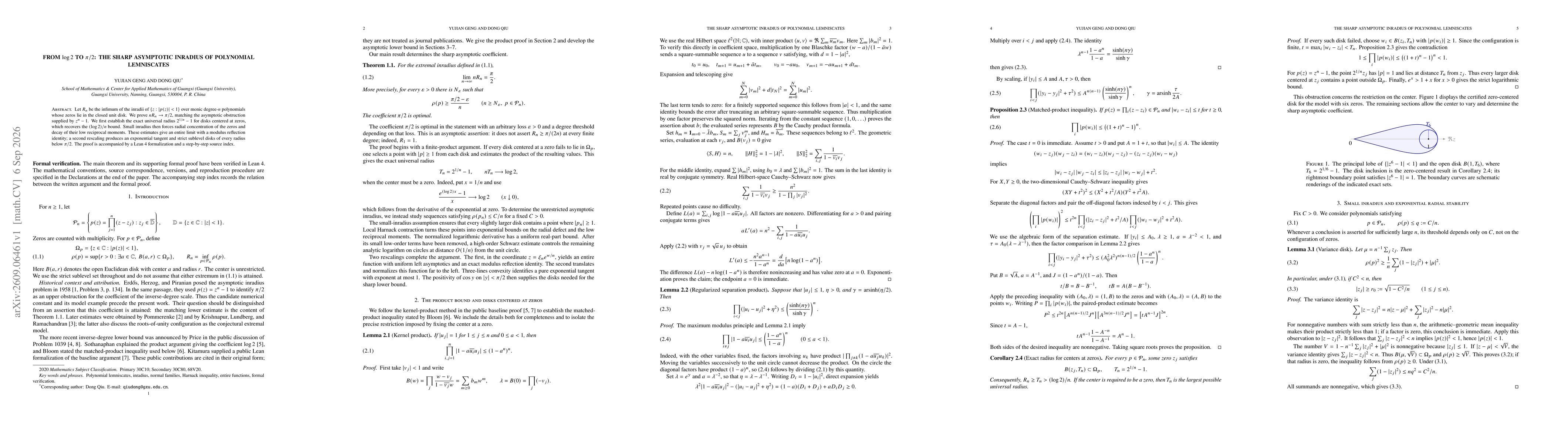 Thumbnail for From $\log 2$ to $π/2$: the sharp asymptotic inradius of polynomial lemniscates