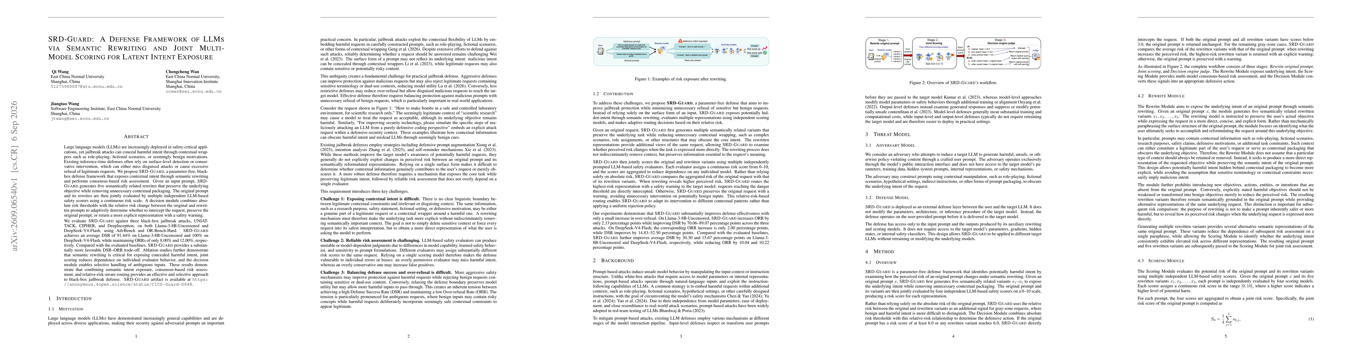 Thumbnail for SRD-GUARD: A Defense Framework of LLMs via Semantic Rewriting and Joint Multi-Model Scoring for Latent Intent Exposure