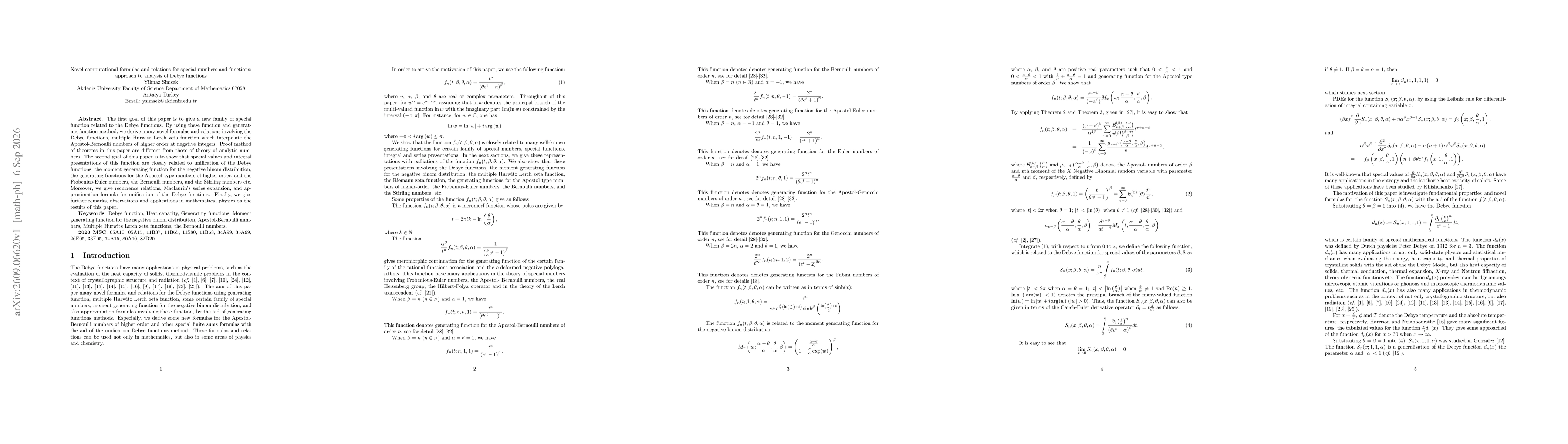 Thumbnail for Novel computational formulas and relations for special numbers and functions: approach to analysis of Debye functions