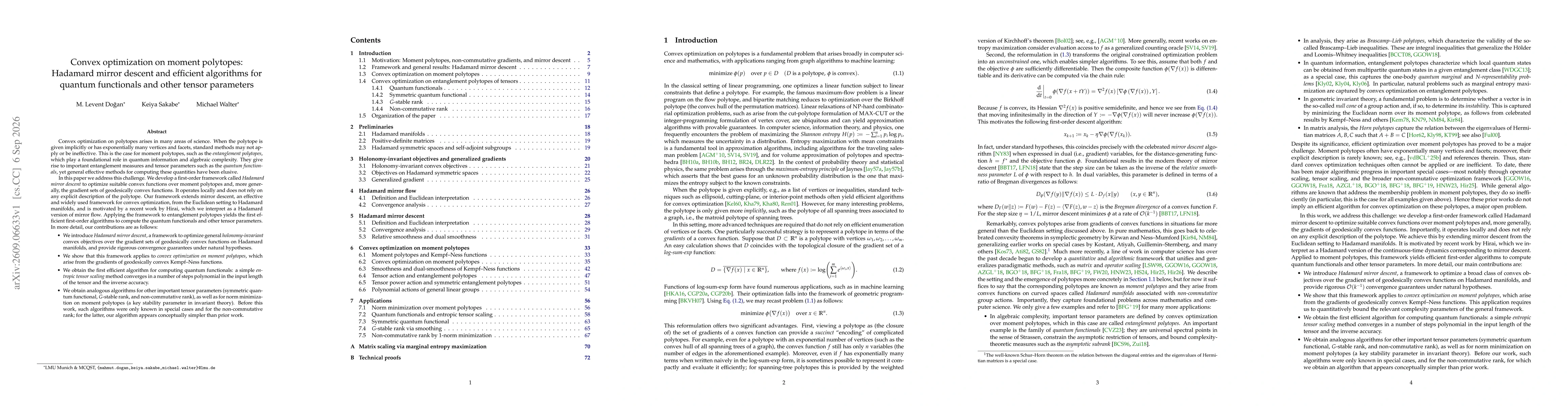 Thumbnail for Convex optimization on moment polytopes: Hadamard mirror descent and efficient algorithms for quantum functionals and other tensor parameters