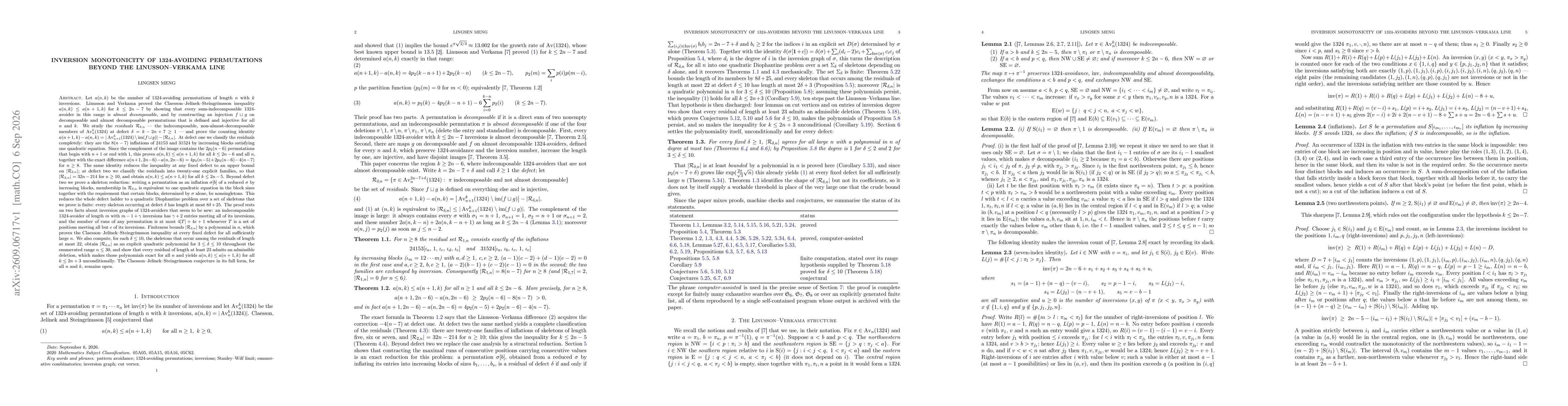Thumbnail for Inversion monotonicity of 1324-avoiding permutations beyond the Linusson-Verkama line