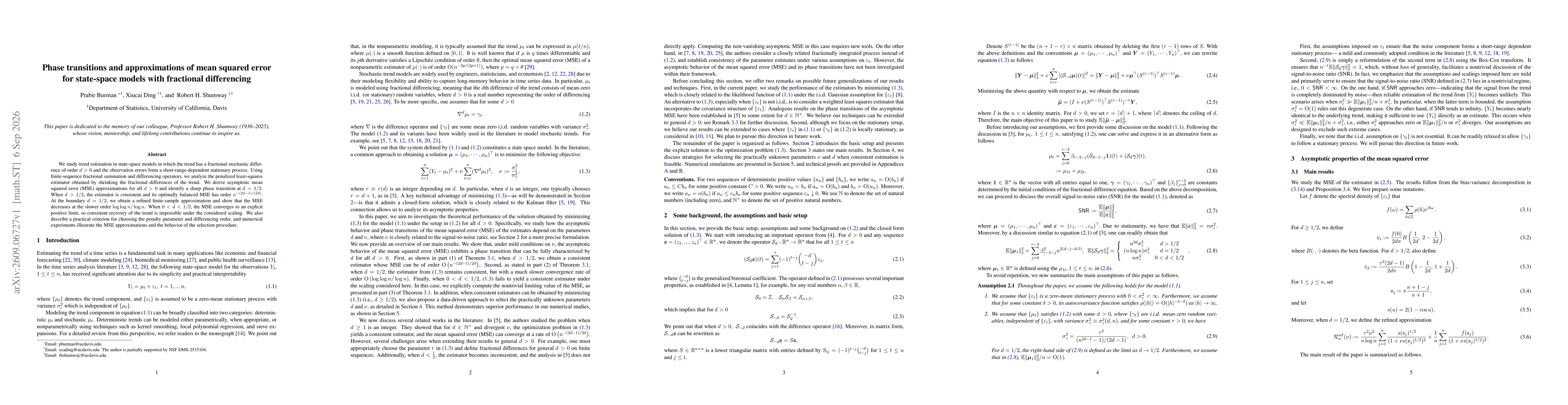 Thumbnail for Phase transitions and approximations of mean squared error for state-space models with fractional differencing