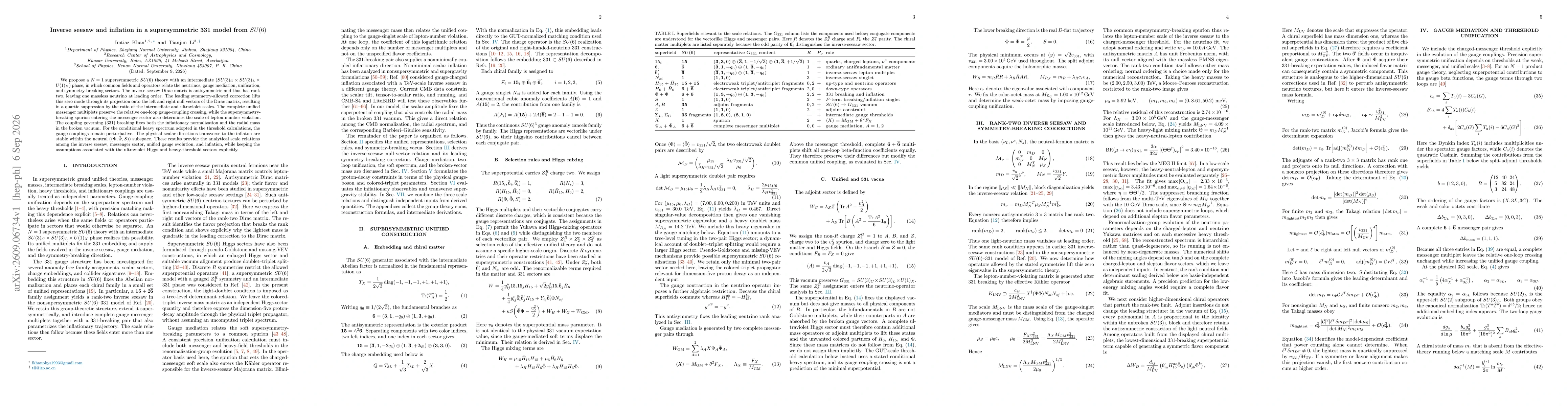 Thumbnail for Inverse seesaw and inflation in a supersymmetric 331 model from $SU(6)$