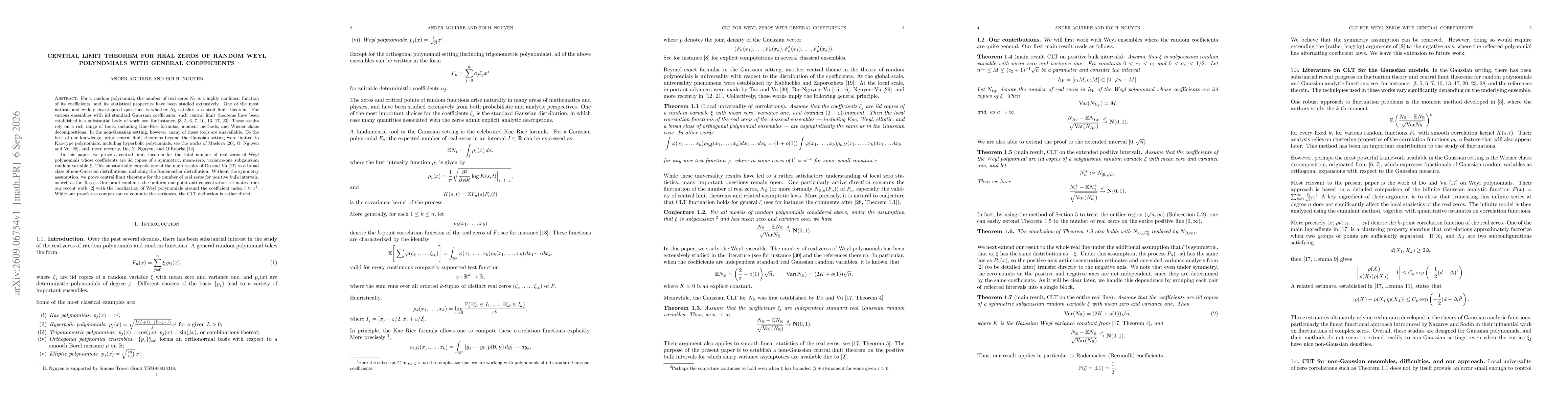 Thumbnail for Central limit theorem for real zeros of random Weyl polynomials with general coefficients
