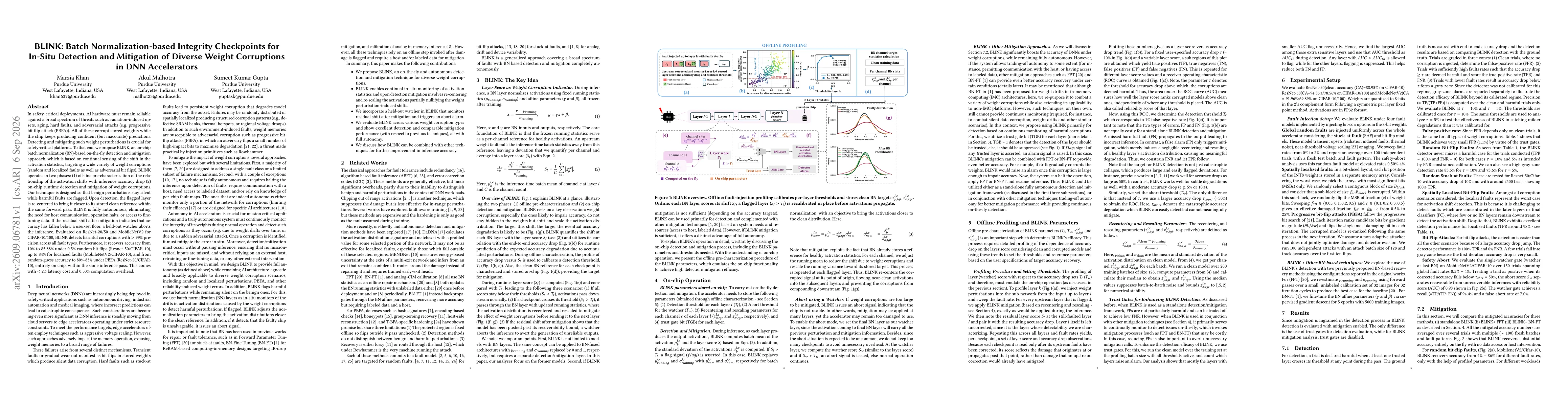 Thumbnail for BLINK: Batch Normalization-based Integrity Checkpoints for In-Situ Detection and Mitigation of Diverse Weight Corruptions in DNN Accelerators