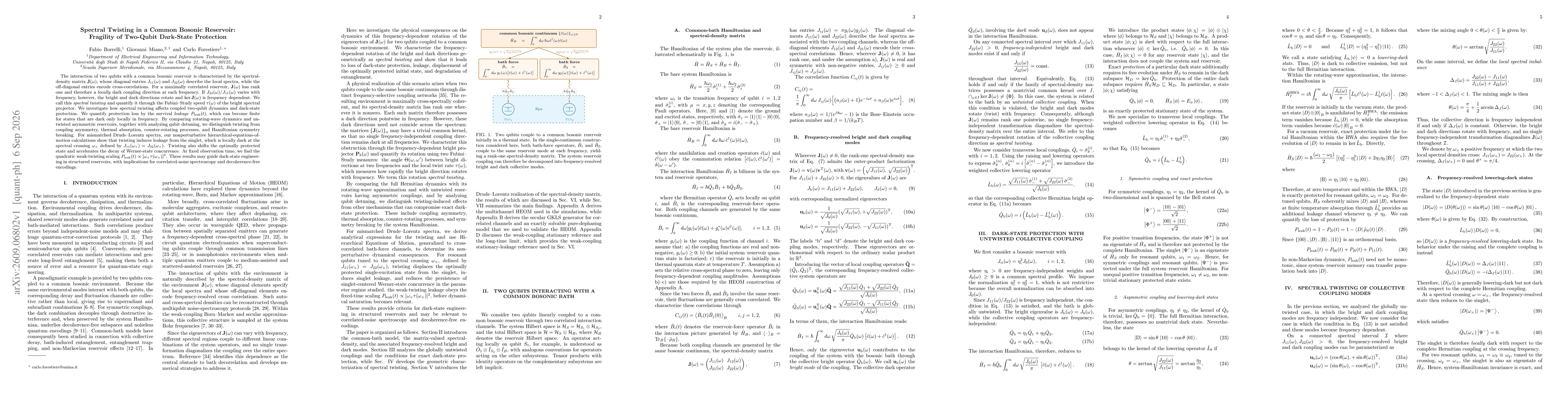 Thumbnail for Spectral Twisting in a Common Bosonic Reservoir: Fragility of Two-Qubit Dark-State Protection