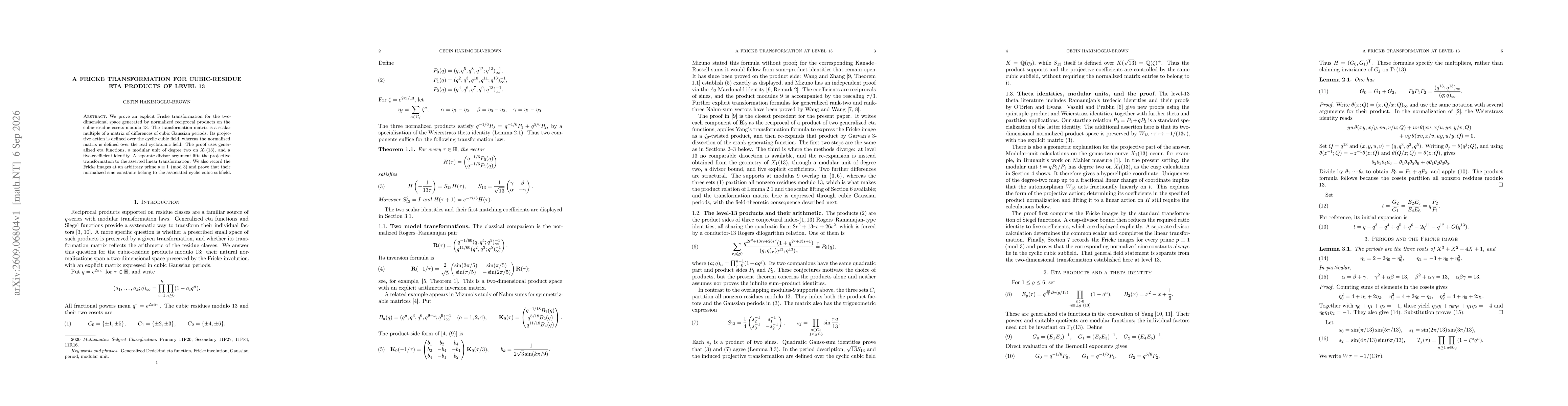 Thumbnail for A Fricke transformation for cubic-residue eta products of level 13