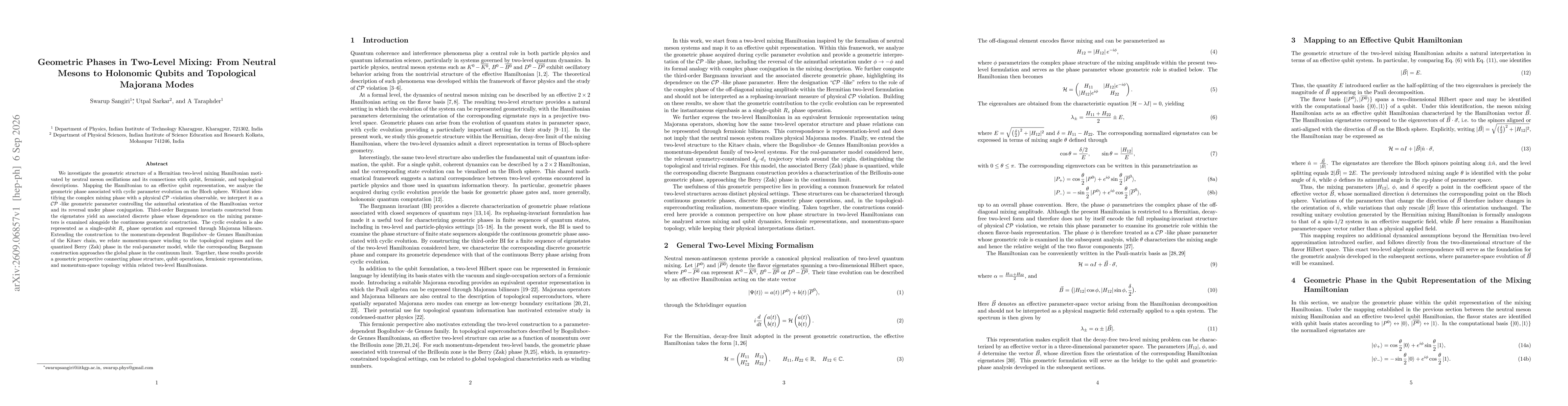 Thumbnail for Geometric Phases in Two-Level Mixing: From Neutral Mesons to Holonomic Qubits and Topological Majorana Modes