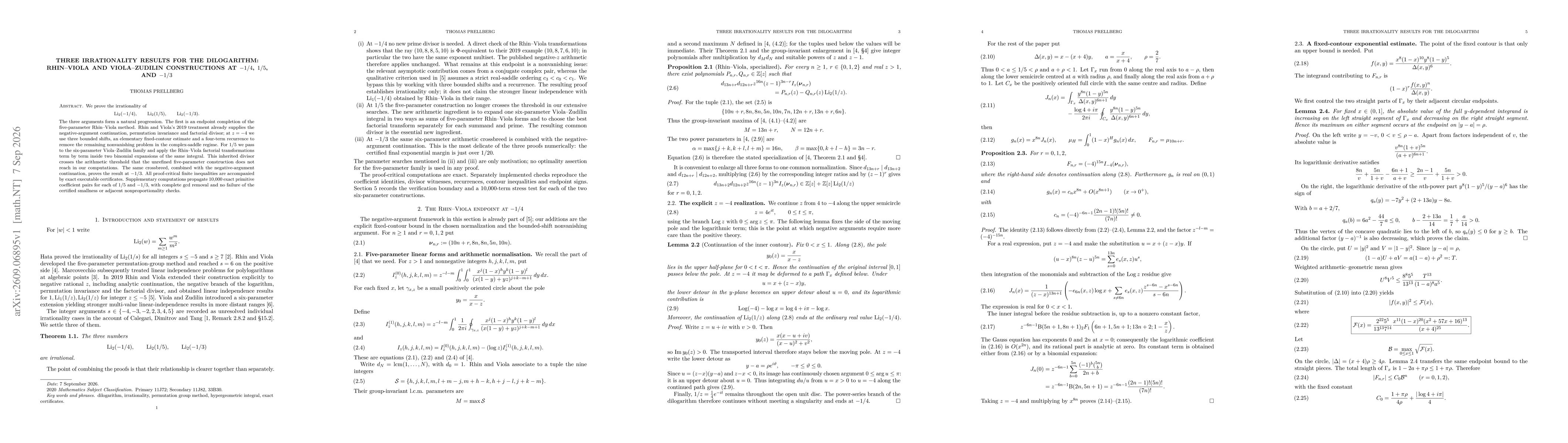 Thumbnail for Three Irrationality Results for the Dilogarithm: Rhin--Viola and Viola--Zudilin Constructions at $-1/4$, $1/5$, and $-1/3$