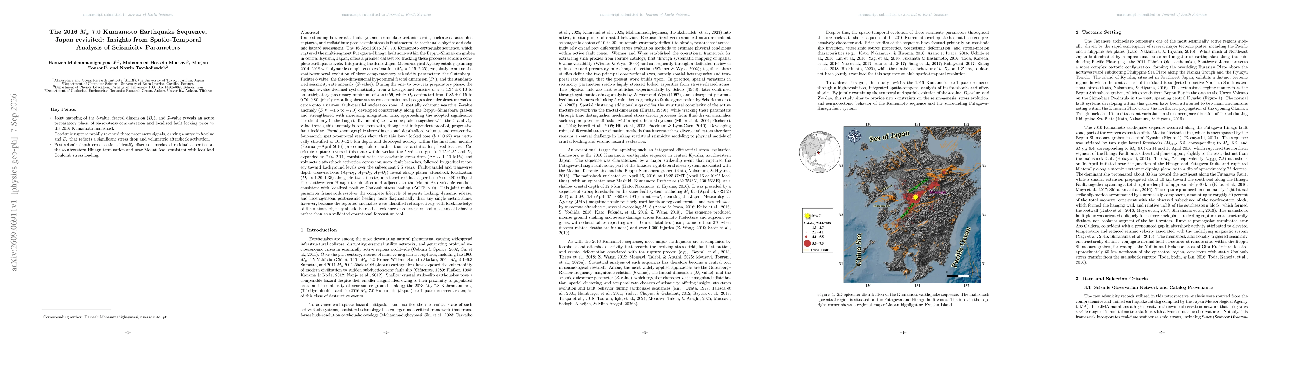 Thumbnail for The 2016 Mw 7.0 Kumamoto Earthquake Sequence, Japan revisited: Insights from Spatio-Temporal Analysis of Seismicity Parameters