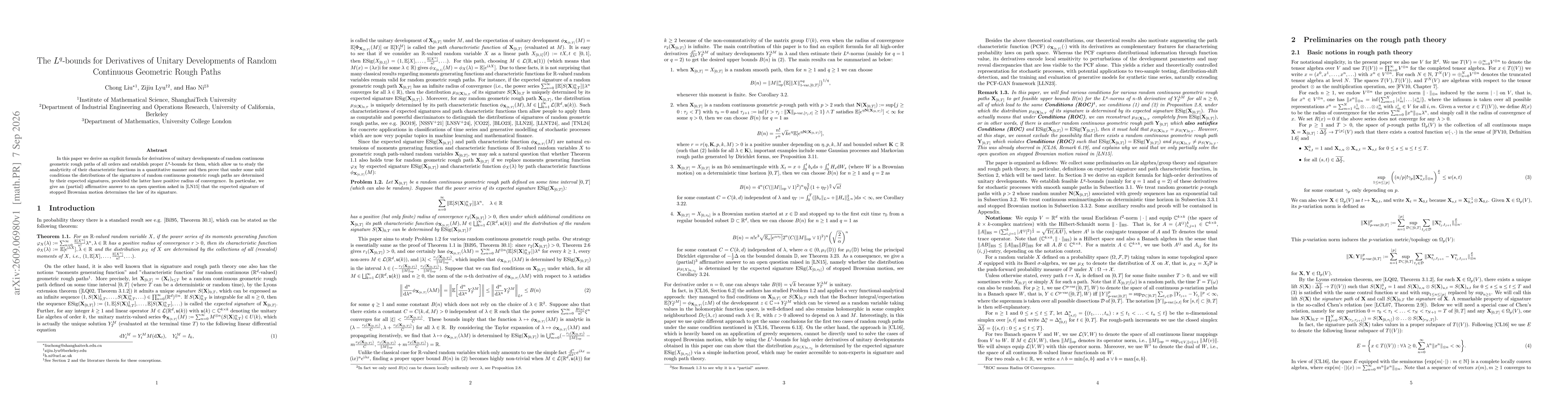 Thumbnail for The $L^q$-bounds for Derivatives of Unitary Developments of Random Continuous Geometric Rough Paths