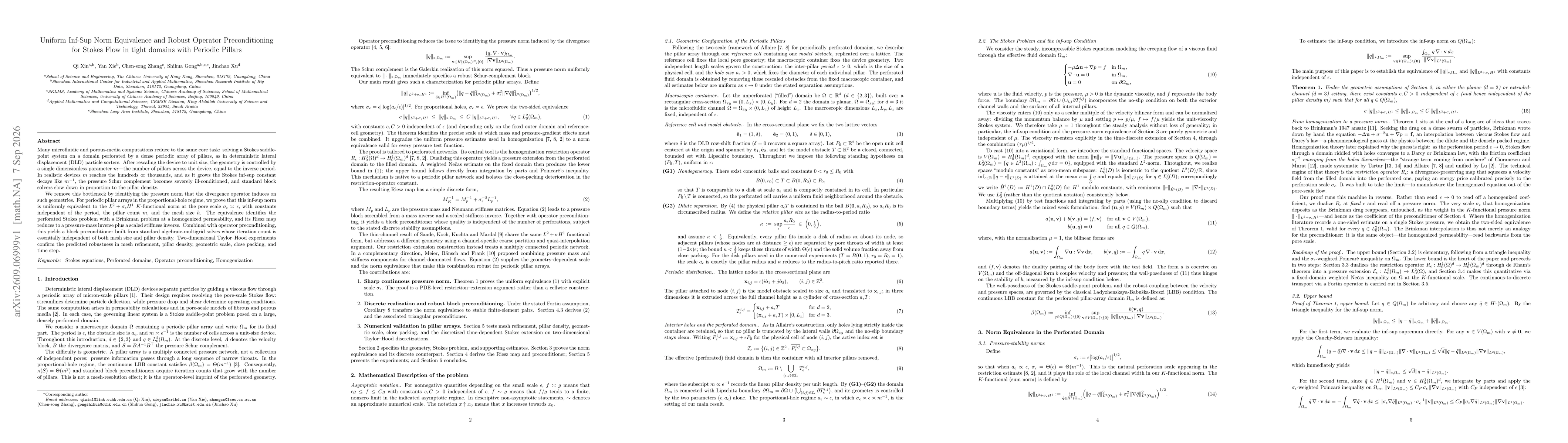 Thumbnail for Uniform Inf-Sup Norm Equivalence and Robust Operator Preconditioning for Stokes Flow in tight domains with Periodic Pillars