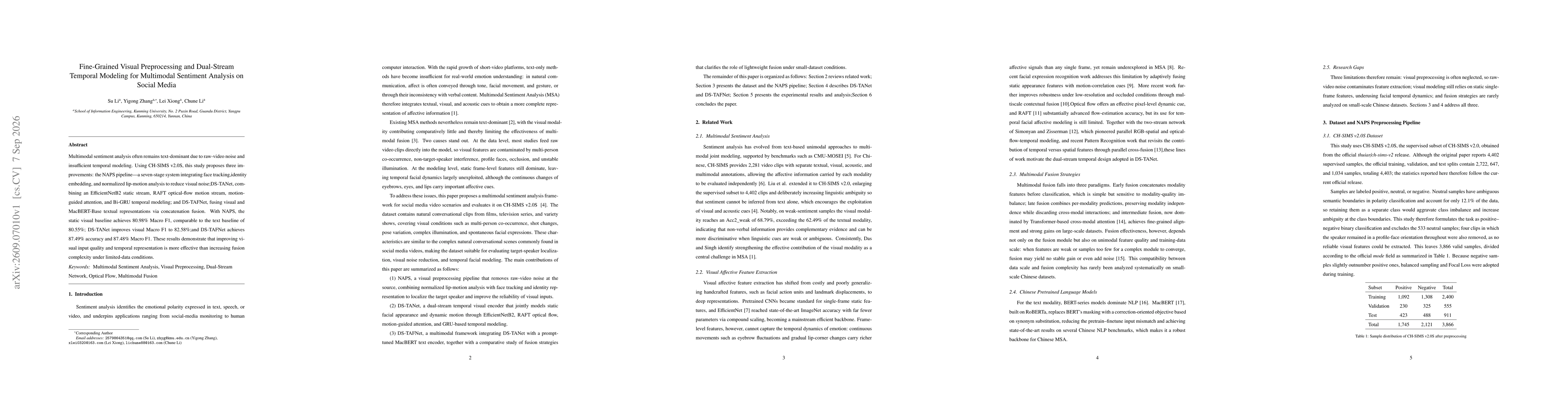 Thumbnail for Fine-Grained Visual Preprocessing and Dual-Stream Temporal Modeling for Multimodal Sentiment Analysis on Social Media
