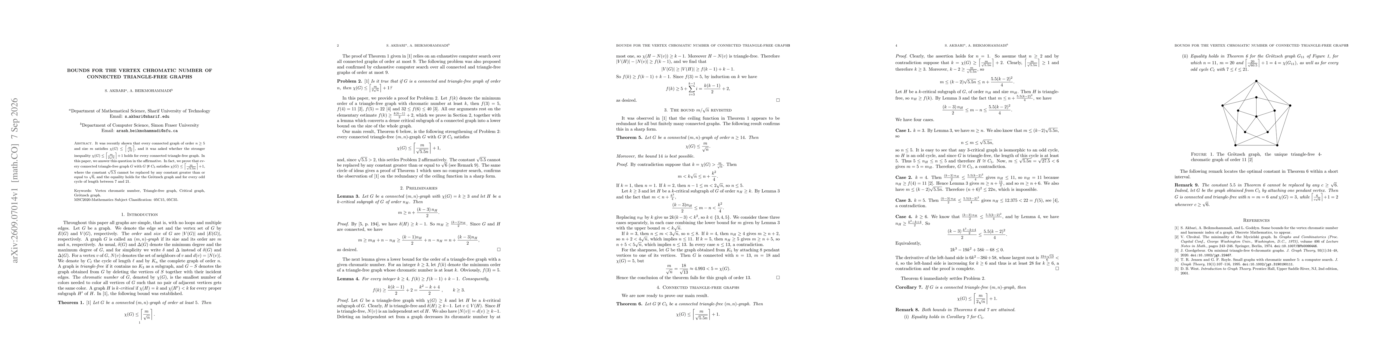 Thumbnail for Bounds for the Vertex Chromatic Number of Connected Triangle-Free Graphs