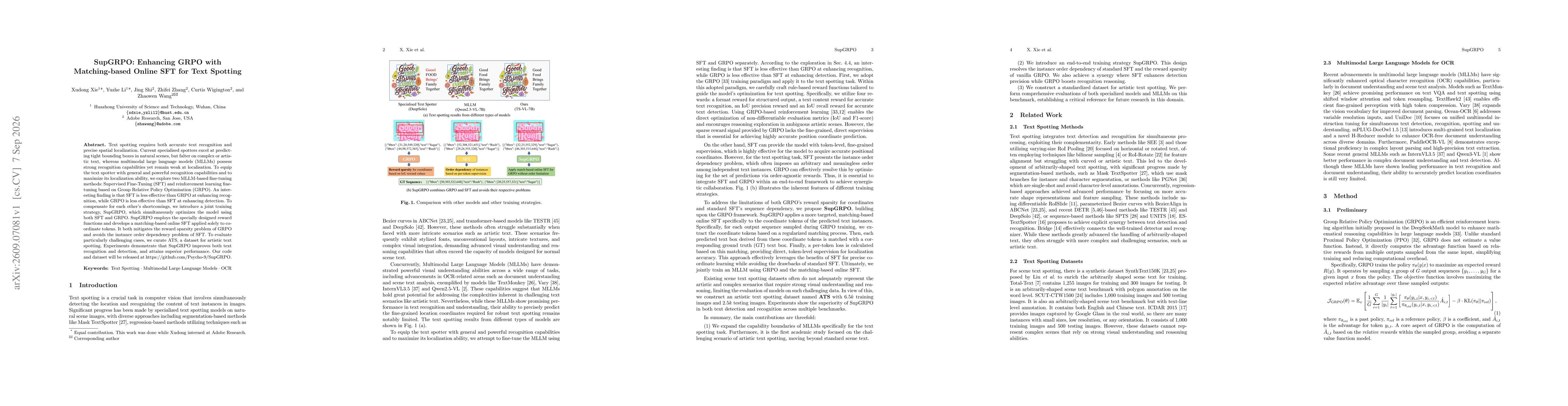 Thumbnail for SupGRPO: Enhancing GRPO with Matching-based Online SFT for Text Spotting