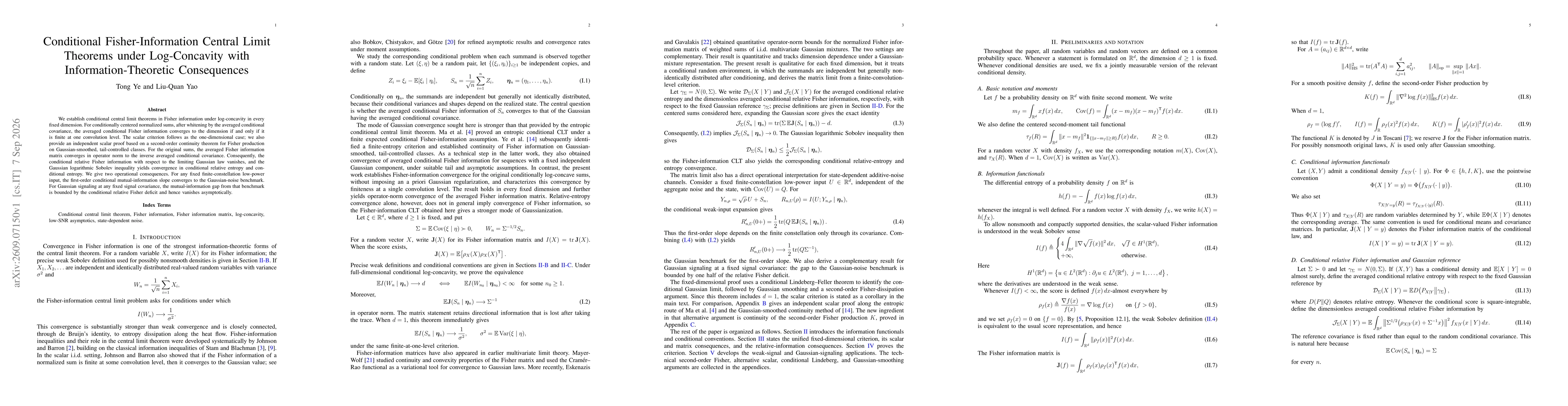 Thumbnail for Conditional Fisher-Information Central Limit Theorems under Log-Concavity with Information-Theoretic Consequences