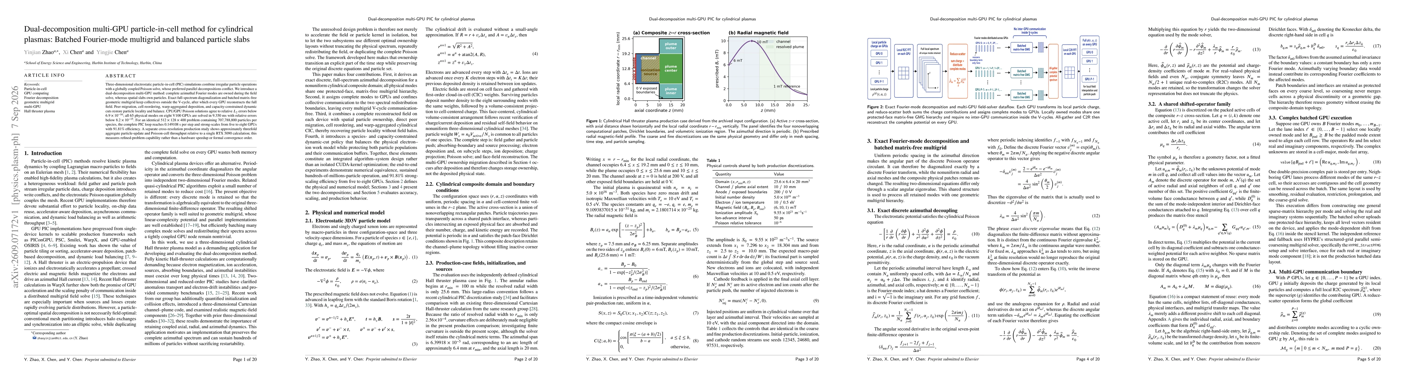 Thumbnail for Dual-decomposition multi-GPU particle-in-cell method for cylindrical plasmas: Batched Fourier-mode multigrid and balanced particle slabs