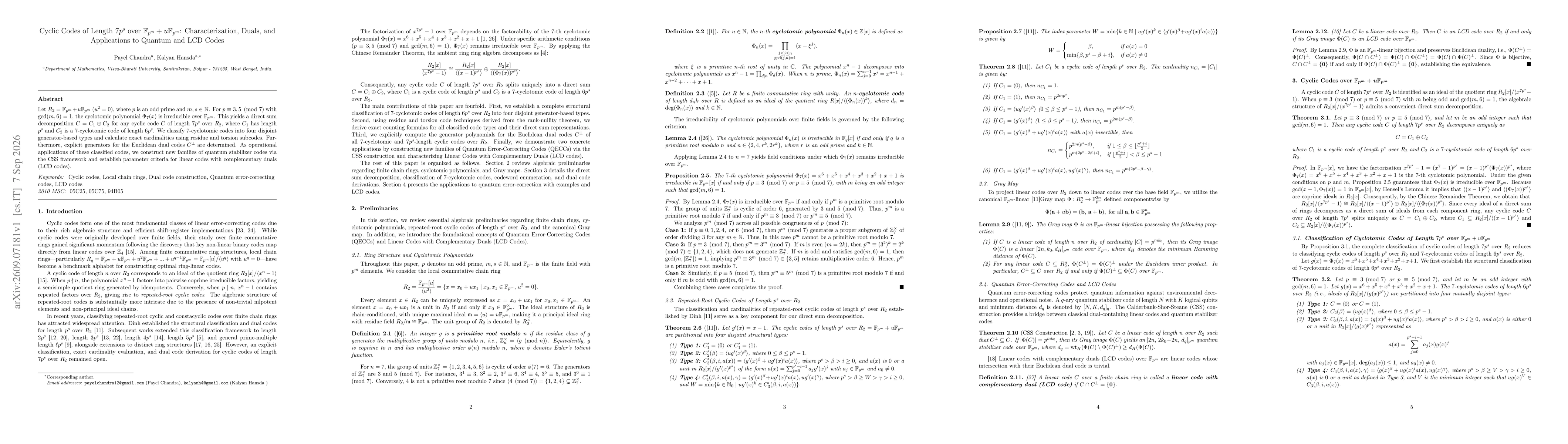 Thumbnail for Cyclic Codes of Length 7_p^s over F_p^m + uF_p^m : Characterization, Duals, and Applications to Quantum and LCD Codes