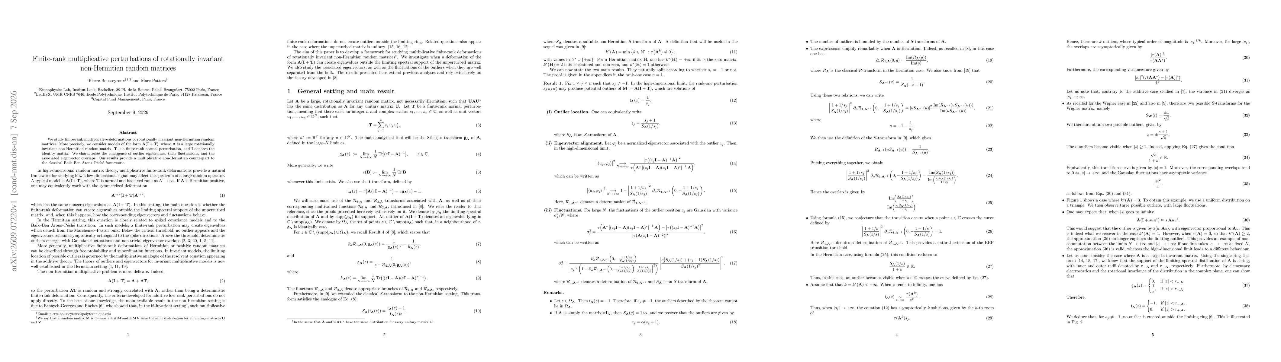 Thumbnail for Finite-rank multiplicative perturbations of rotationally invariant non-Hermitian random matrices