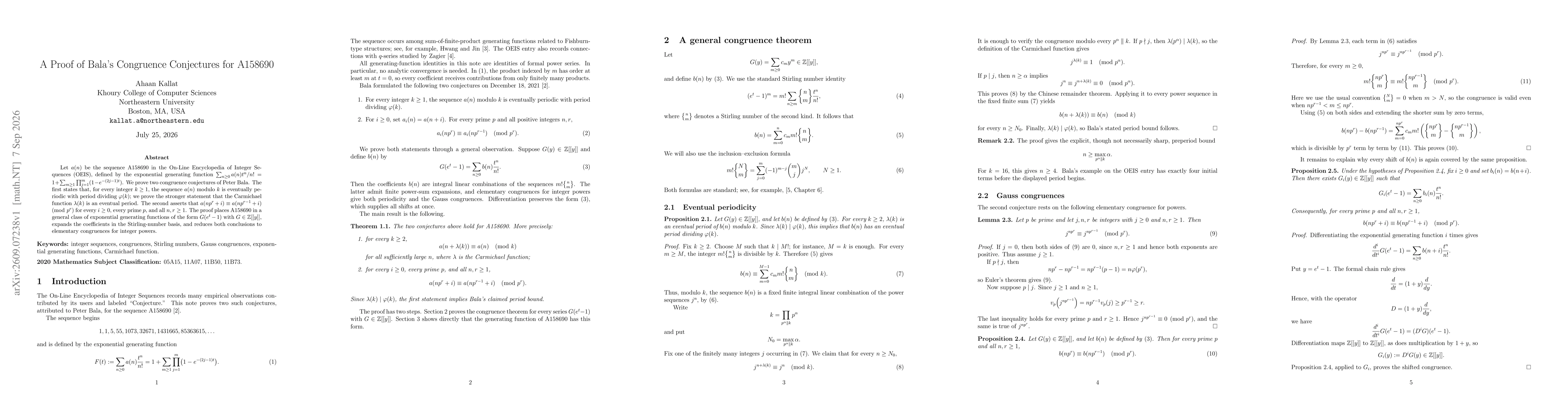 Thumbnail for A Proof of Bala's Congruence Conjectures for A158690