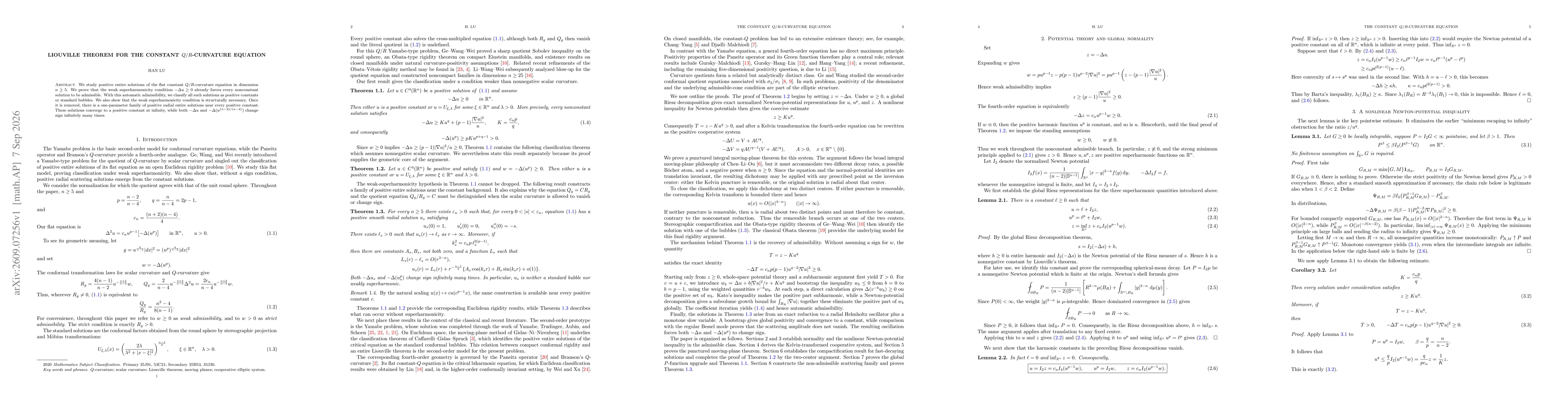 Thumbnail for Liouville Theorem for the Constant $Q/R$-Curvature Equation