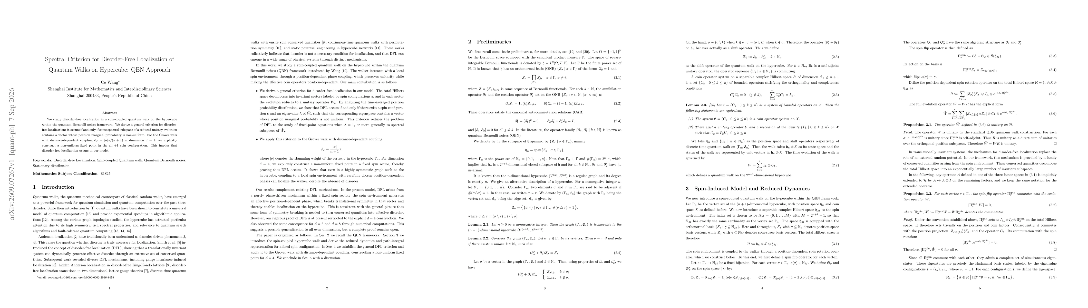 Thumbnail for Spectral Criterion for Disorder-Free Localization of Quantum Walks on Hypercube: QBN Approach