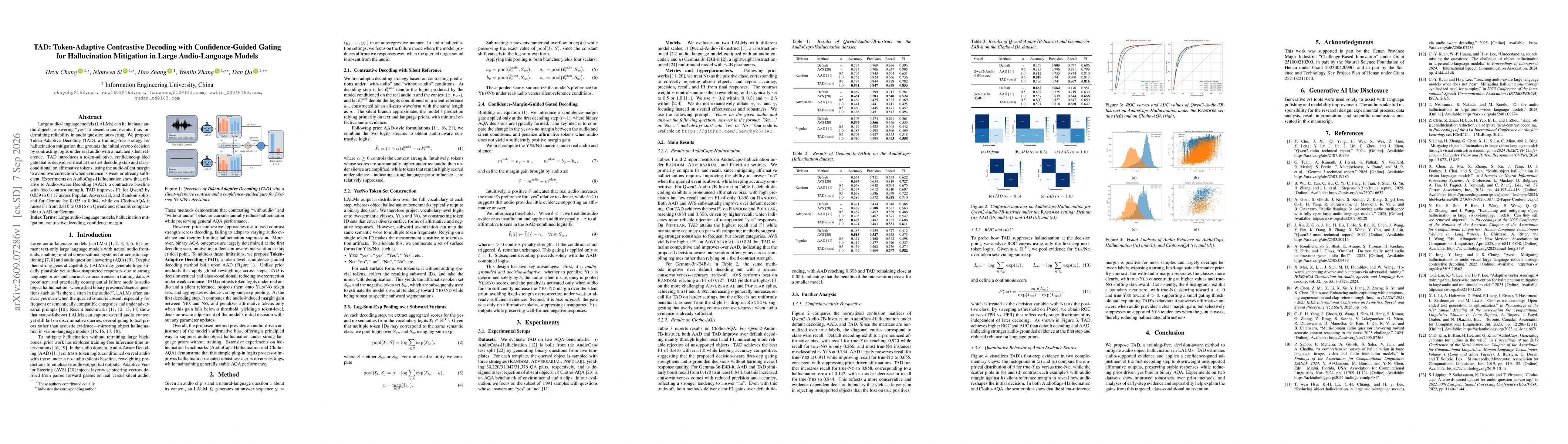 Thumbnail for TAD: Token-Adaptive Contrastive Decoding with Confidence-Guided Gating for Hallucination Mitigation in Large Audio-Language Models