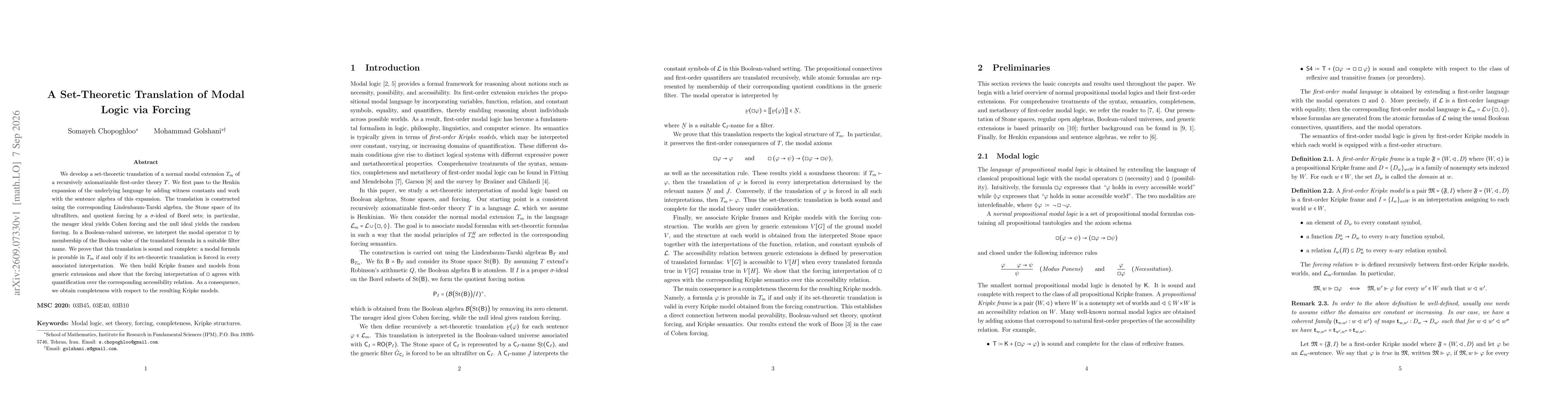 Thumbnail for A Set-Theoretic Translation of Modal Logic via Forcing