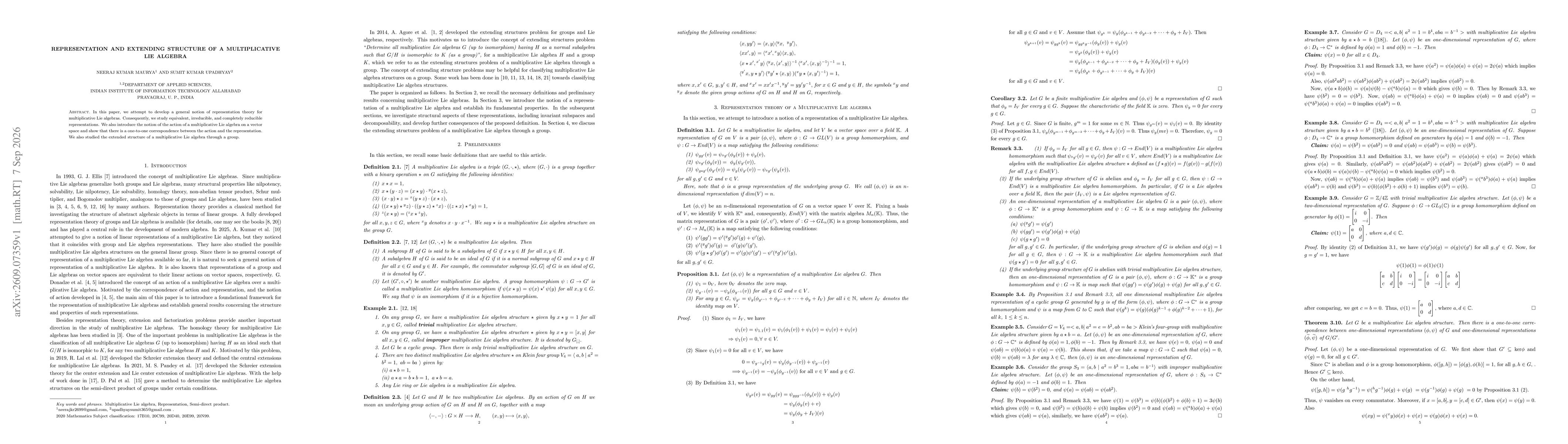 Thumbnail for Representation and Extending structure of a Multiplicative Lie algebra