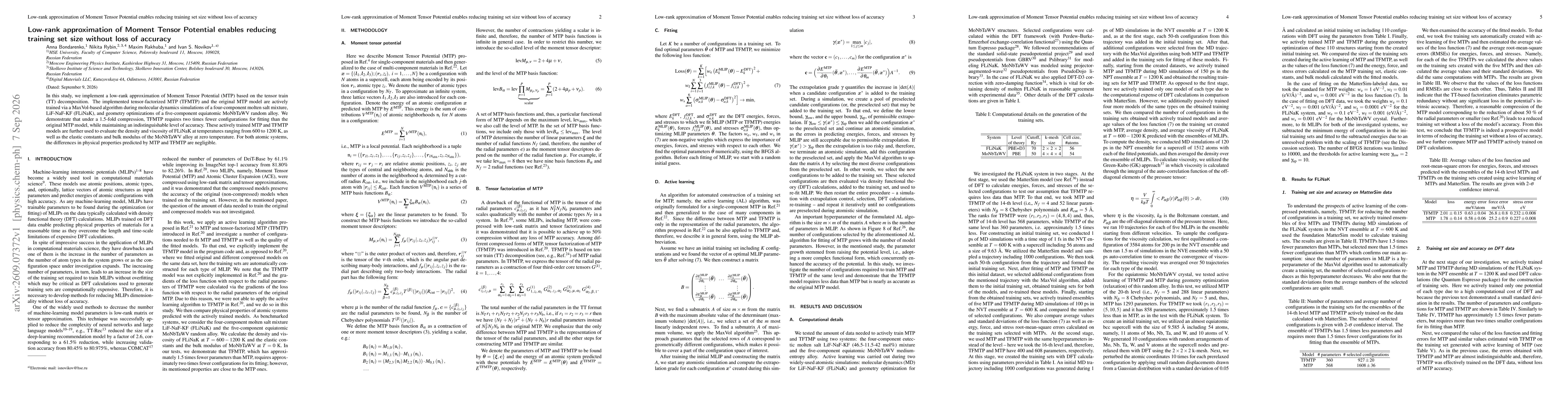 Thumbnail for Low-rank approximation of Moment Tensor Potential enables reducing training set size without loss of accuracy