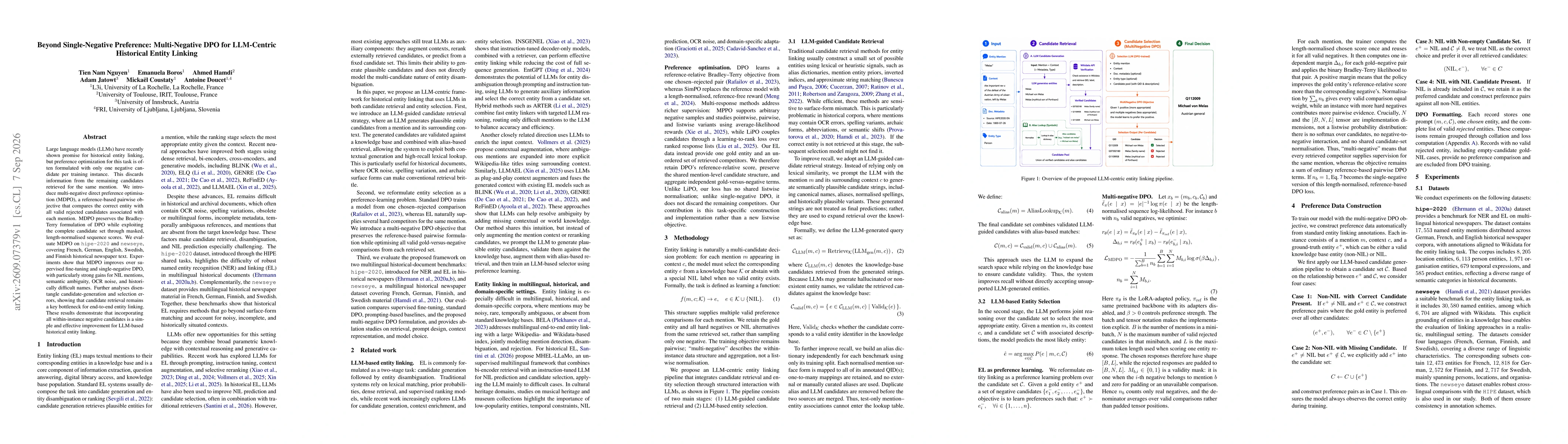 Thumbnail for Beyond Single-Negative Preference: Multi-Negative DPO for LLM-Centric Historical Entity Linking