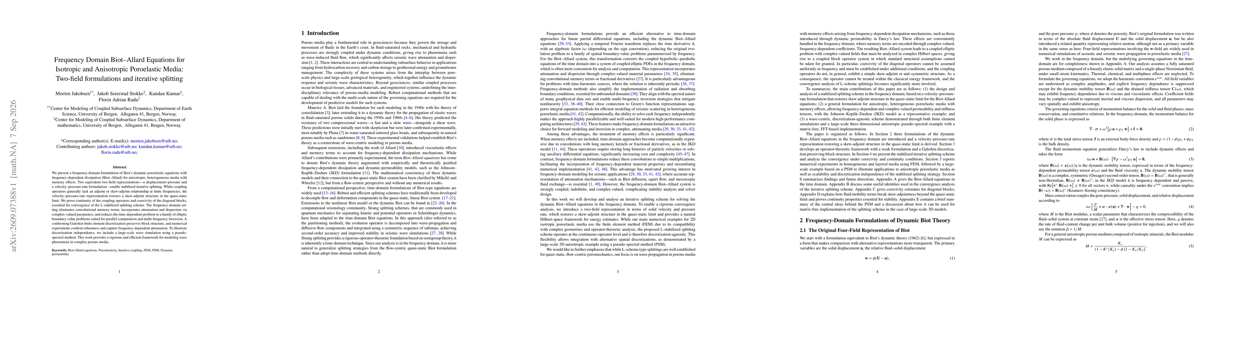 Thumbnail for Frequency Domain Biot--Allard Equations for Isotropic and Anisotropic Poroelastic Media: Two-field formulations and iterative splitting