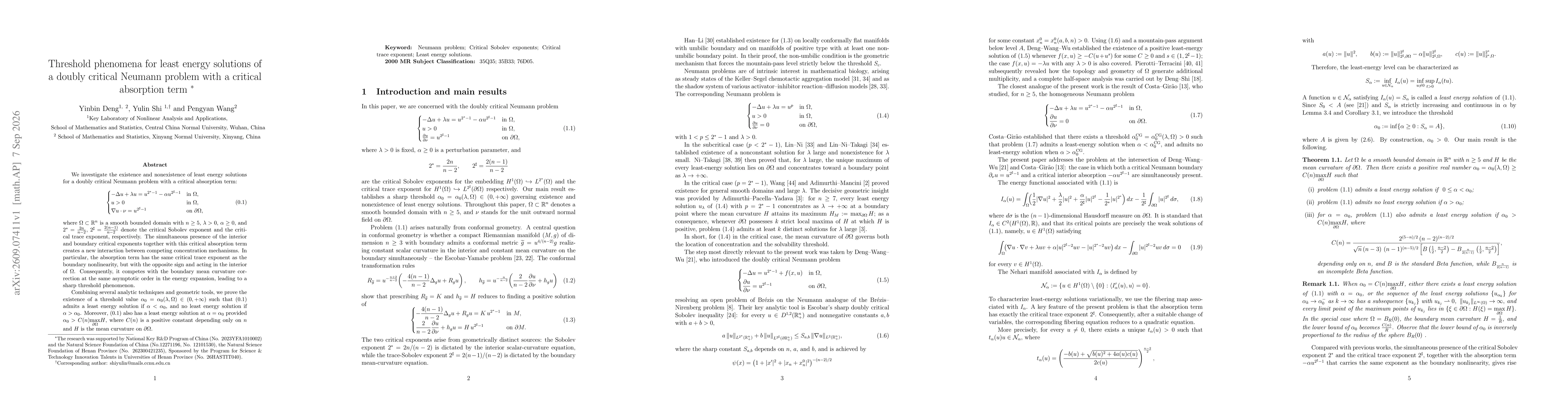 Thumbnail for Threshold phenomena for least energy solutions of a doubly critical Neumann problem with a critical absorption term