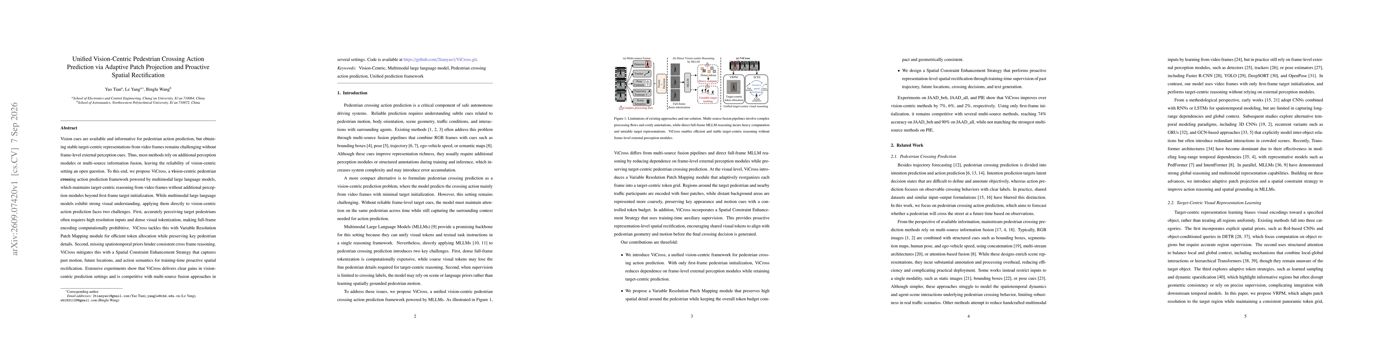 Thumbnail for Unified Vision-Centric Pedestrian Crossing Action Prediction via Adaptive Patch Projection and Proactive Spatial Rectification