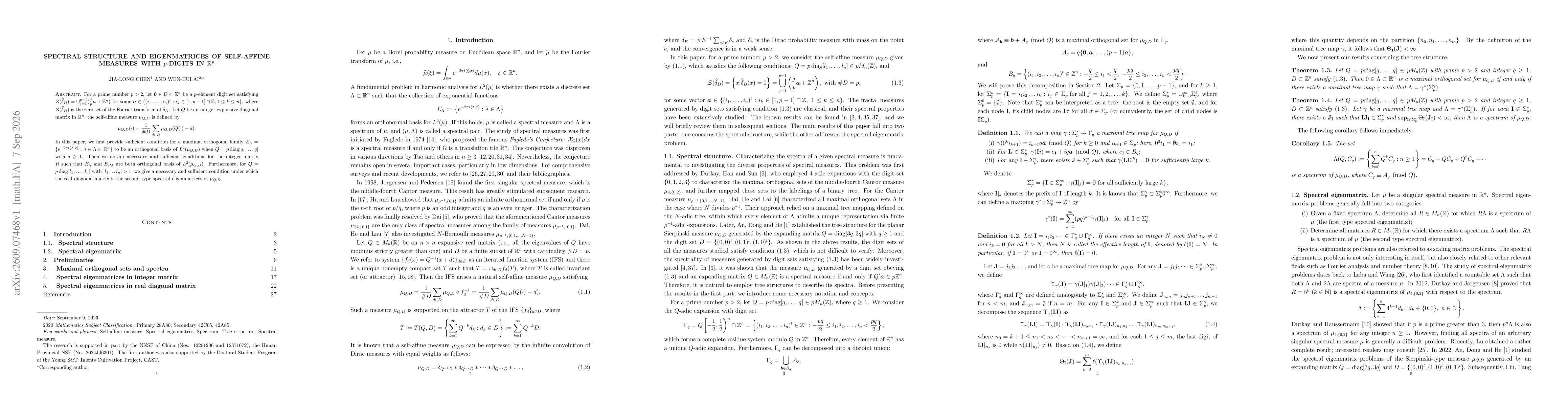 Thumbnail for Spectral structure and eigenmatrices of self-affine measures with $p$-digits in $ \bf{\mathbb{R}^{n}} $