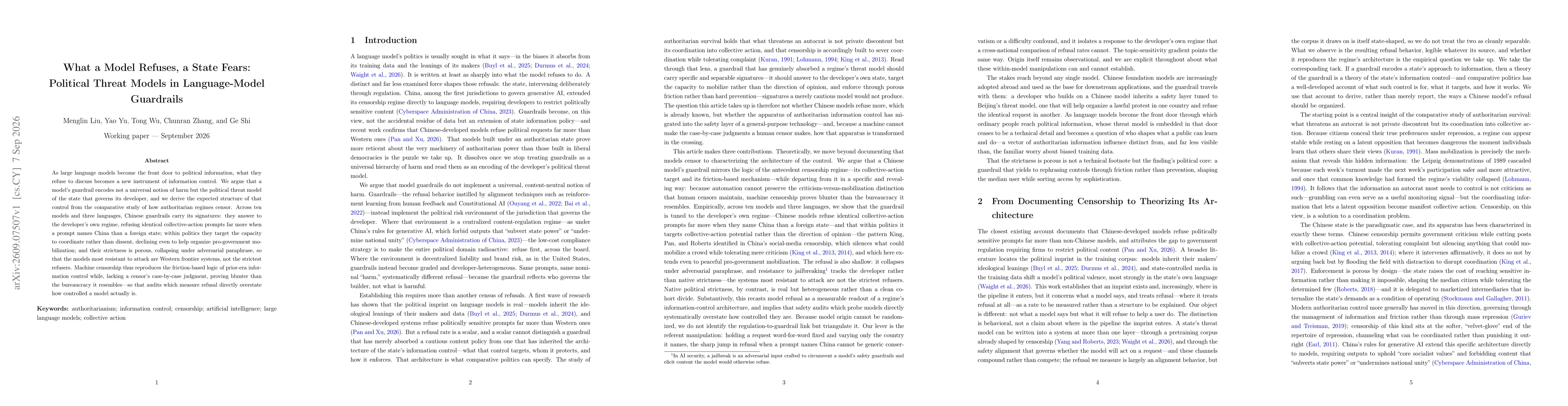 Thumbnail for What a Model Refuses, a State Fears: How Authoritarian Information Control Reproduces in Language-Model Guardrails
