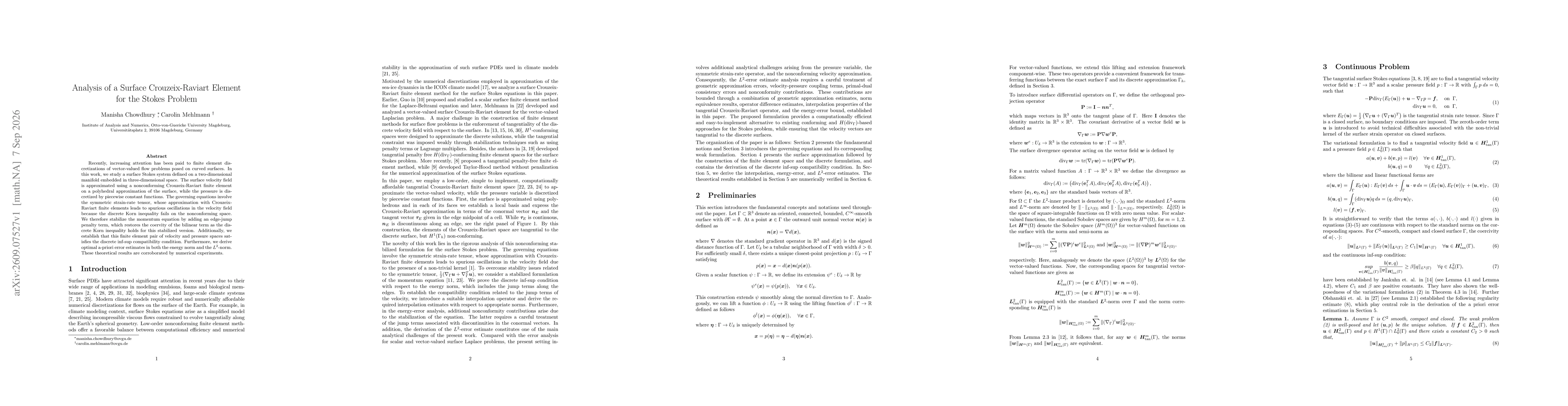 Thumbnail for Analysis of a Surface Crouzeix-Raviart Element for the Stokes Problem