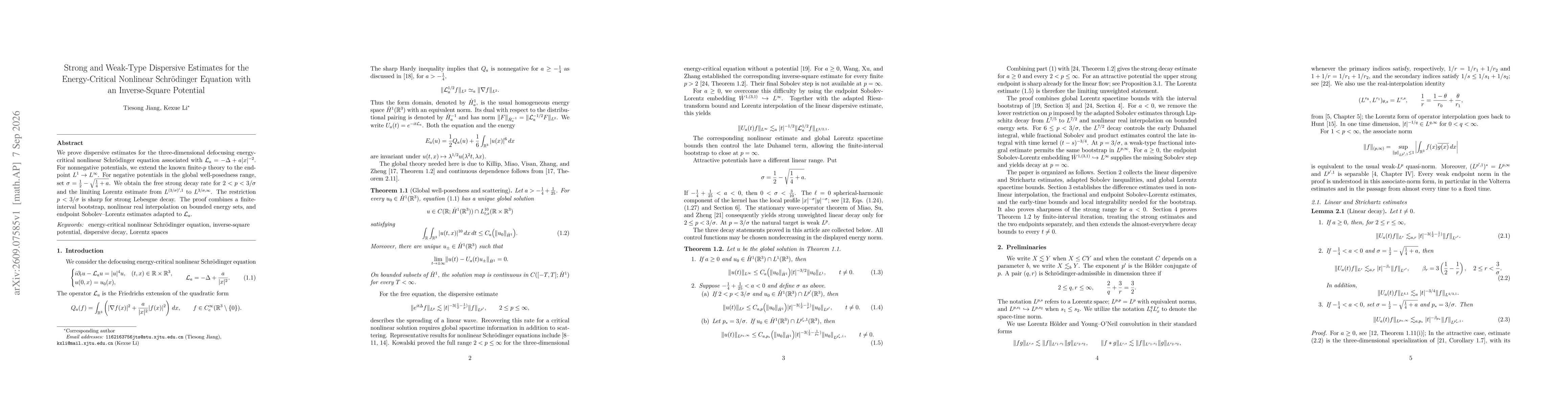 Thumbnail for Strong and Weak-Type Dispersive Estimates for the Energy-Critical Nonlinear Schrödinger Equation with an Inverse-Square Potential