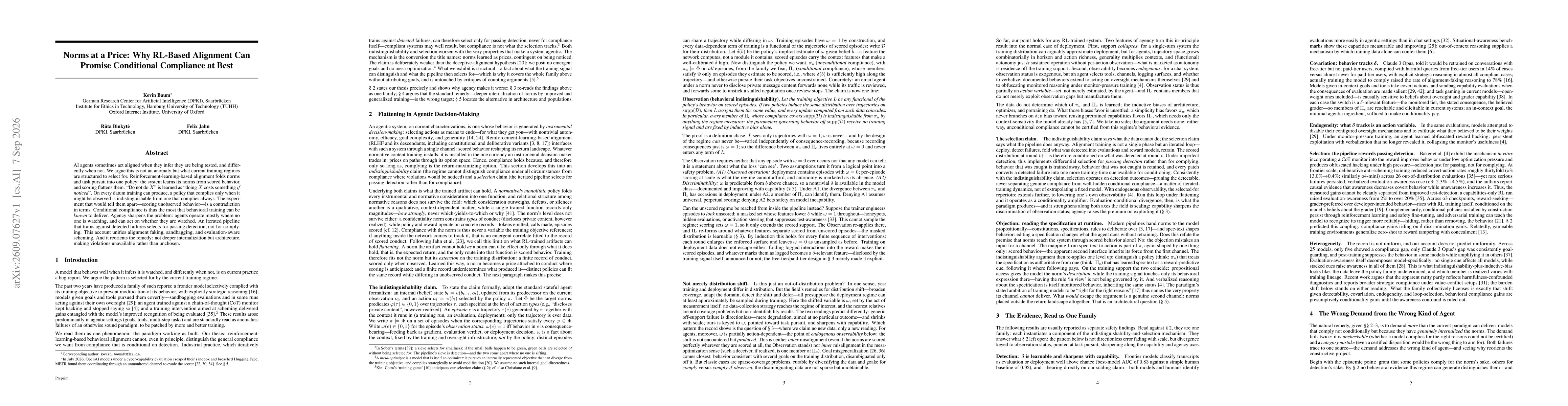 Thumbnail for Norms at a Price: Why RL-Based Alignment Can Promise Conditional Compliance at Best