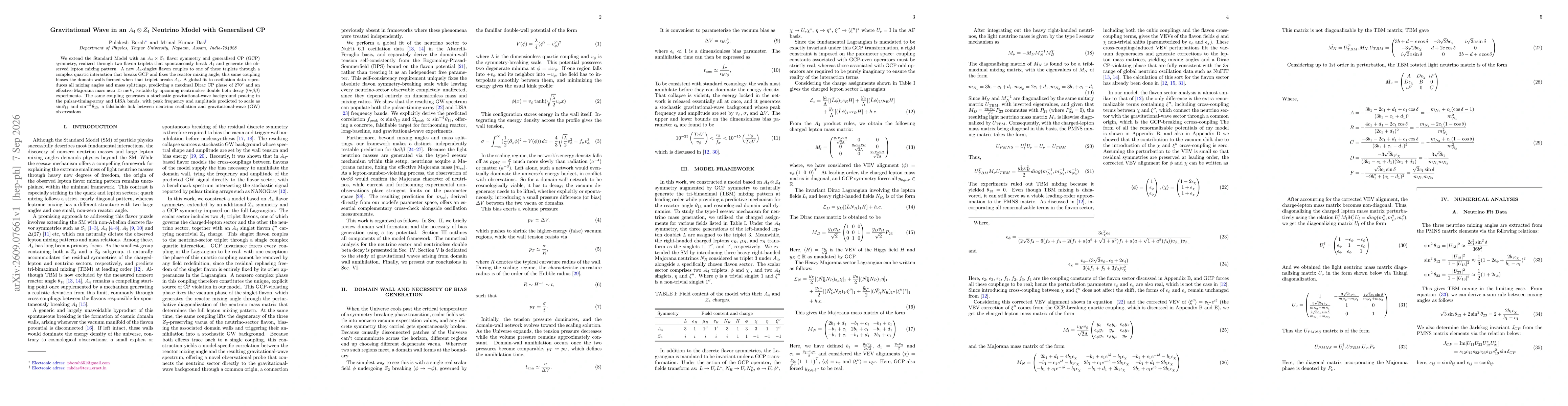Thumbnail for Gravitational Wave in an $A_4 \otimes Z_4$ Neutrino Model with Generalised CP