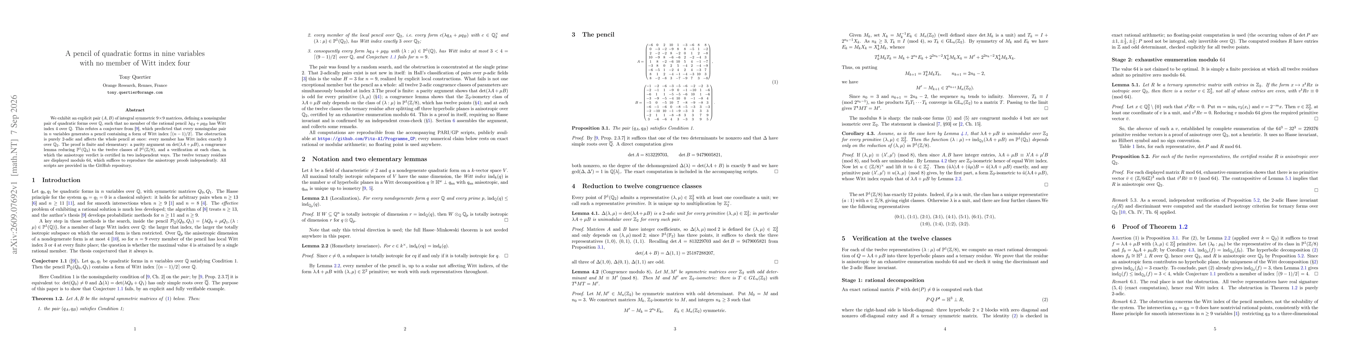 Thumbnail for A pencil of quadratic forms in nine variables with no member of Witt index four