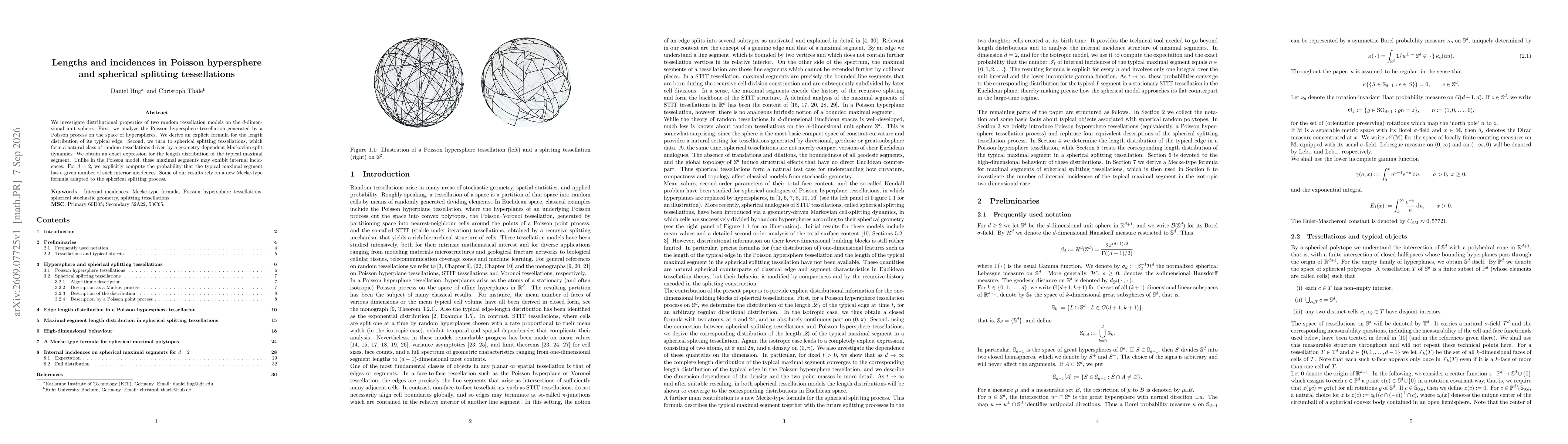 Thumbnail for Lengths and incidences in Poisson hypersphere and spherical splitting tessellations