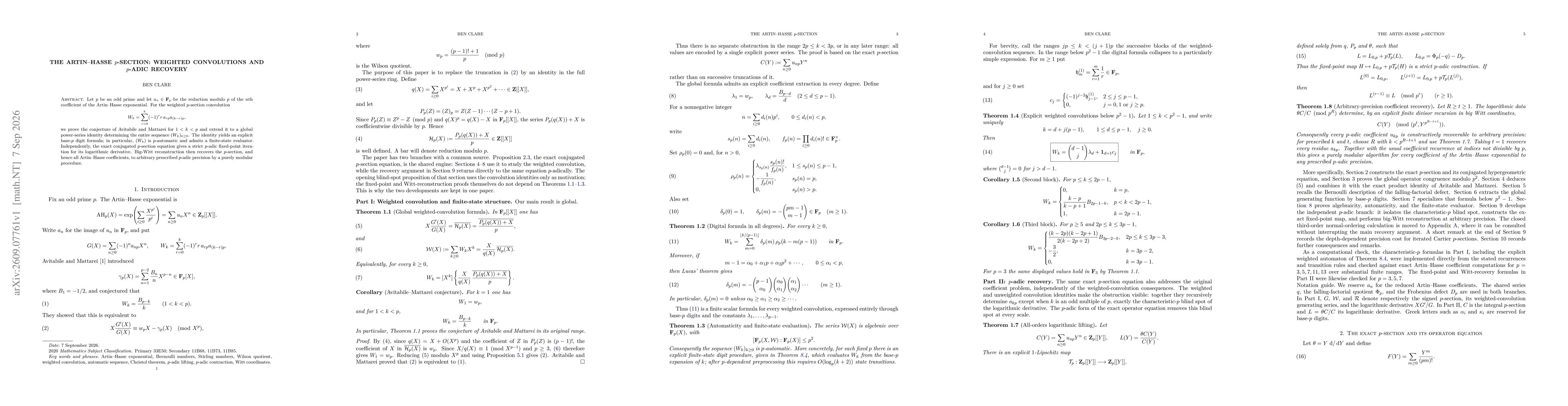 Thumbnail for The Artin-Hasse $p$-section: weighted convolutions and $p$-adic recovery