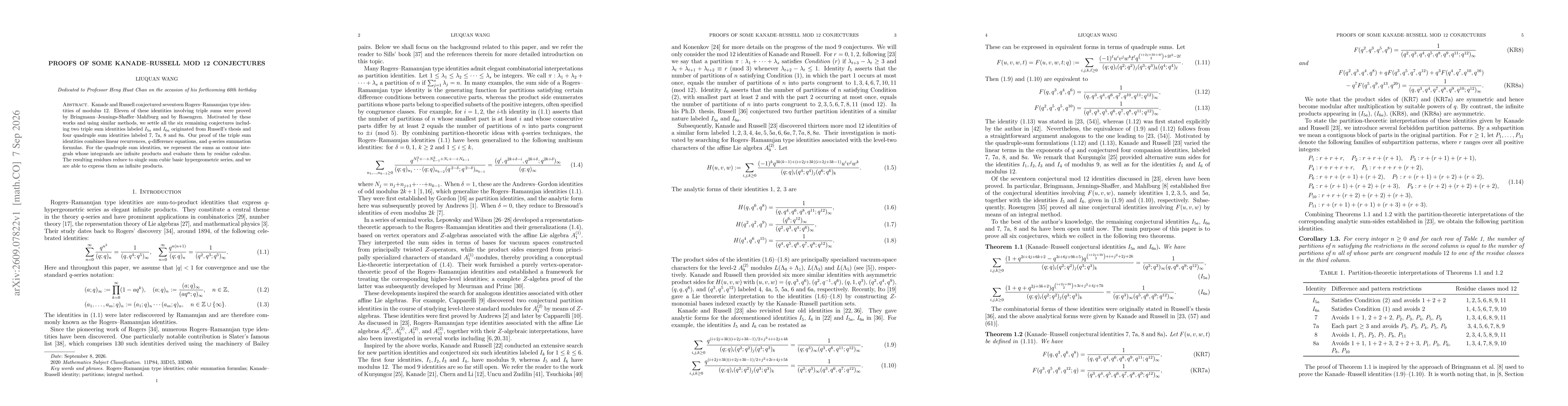 Thumbnail for Proofs of Some Kanade--Russell Mod 12 Conjectures